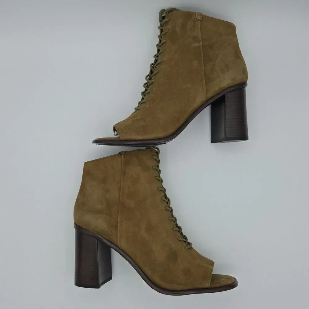 FRYE Amy Peep Toe Amy Green Khaki Suede Womens US 10 Heels Lace Up Booties